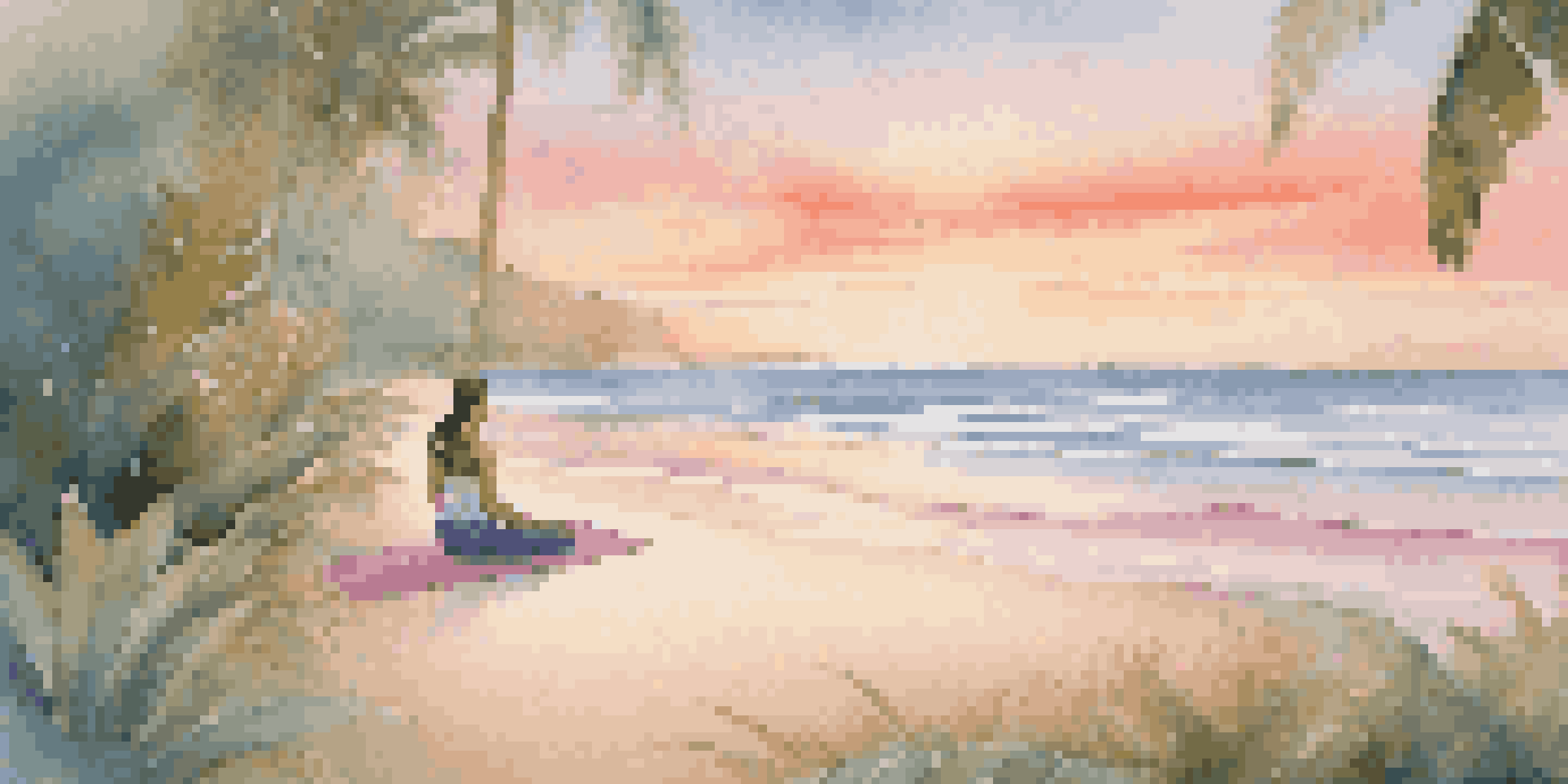 A peaceful beach scene during sunrise with a person meditating on a yoga mat surrounded by tropical plants.