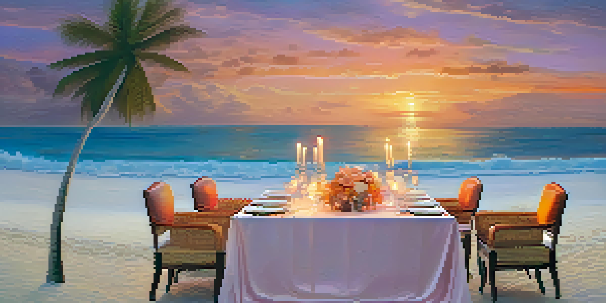 A romantic dinner table set on a private beach during sunset, with elegant dining setup and a colorful sky.