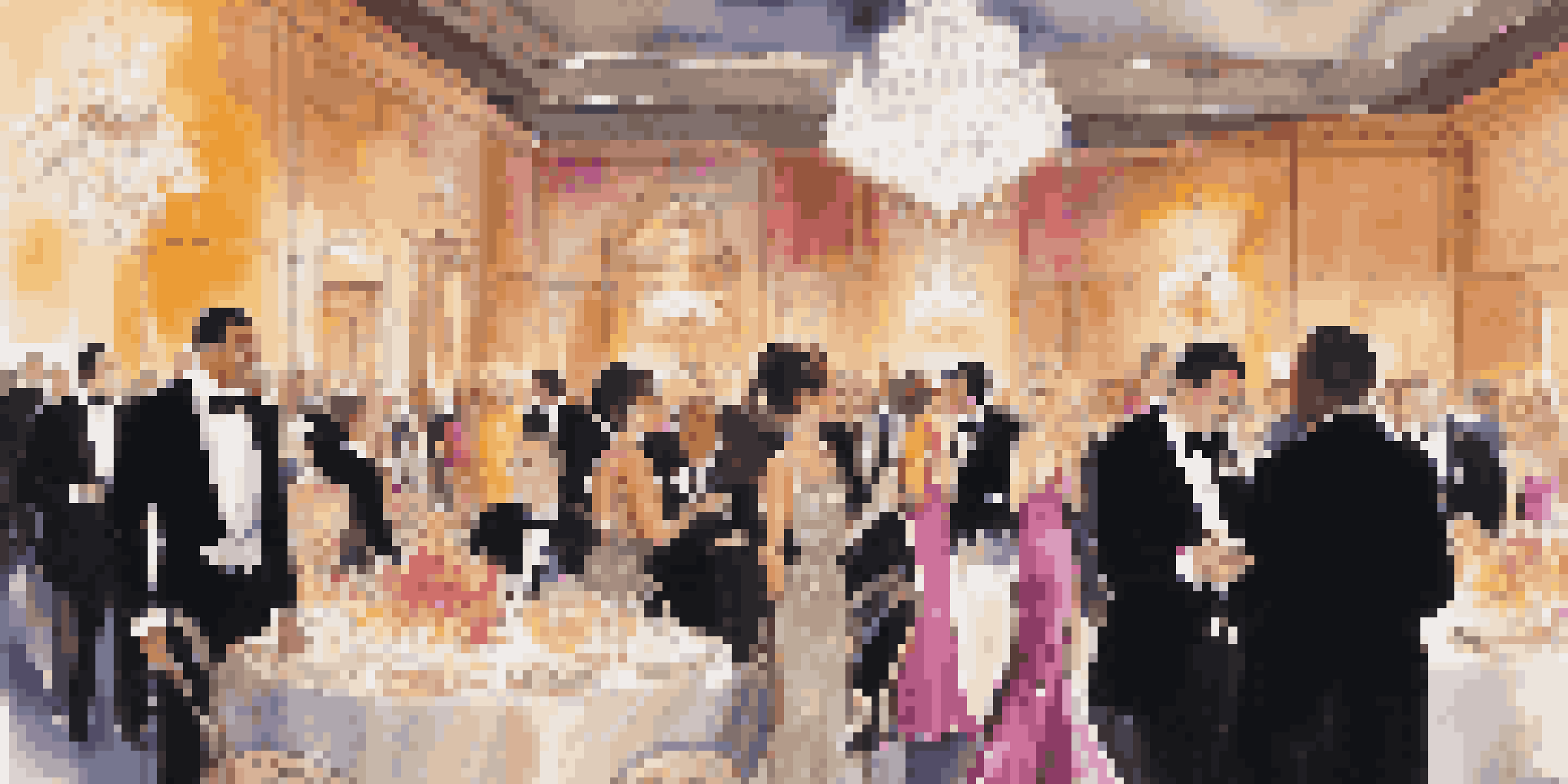A charity gala with elegantly dressed guests, luxurious decor, and an auction table, showcasing the connection between fashion and philanthropy.
