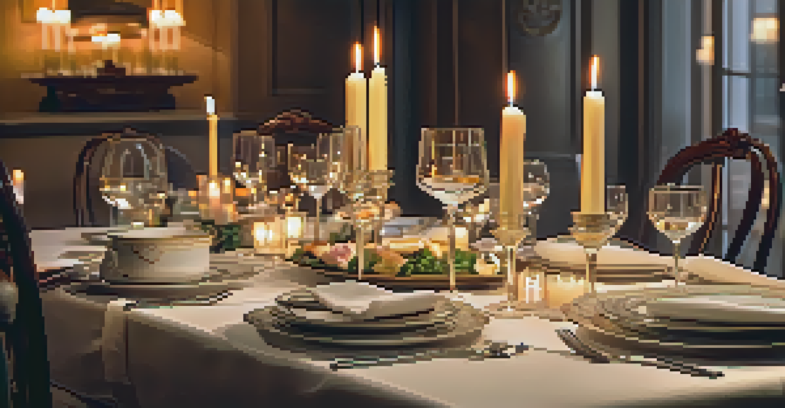 A luxurious dining table elegantly set with fine china and candlelight in a lavish restaurant.