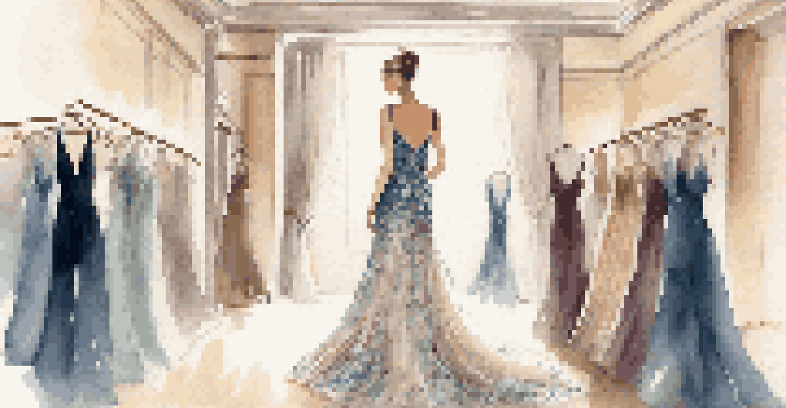 A fashion model in an elegant evening gown inside a luxurious boutique, surrounded by designer items and soft lighting.