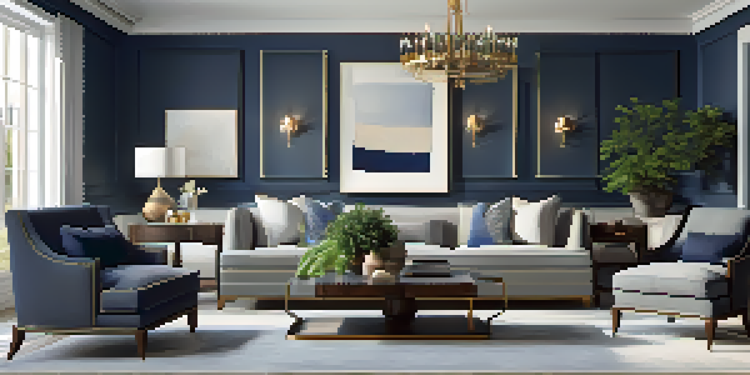 A luxurious living room with a modern sofa and vintage coffee table, large windows, and elegant decor.