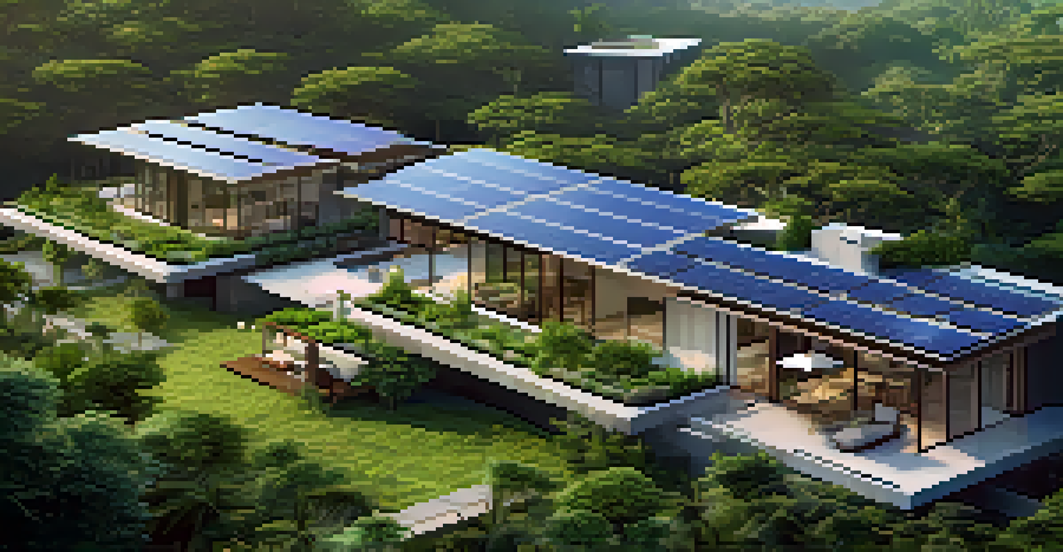 A contemporary eco-luxury resort surrounded by lush vegetation, with solar panels and an organic garden visible in the foreground, signifying sustainability.
