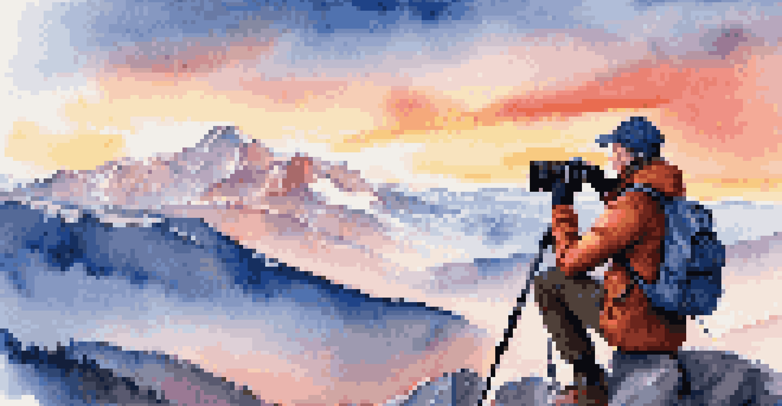 A luxury travel influencer on a mountain peak, capturing a sunset landscape in high-end outdoor gear.