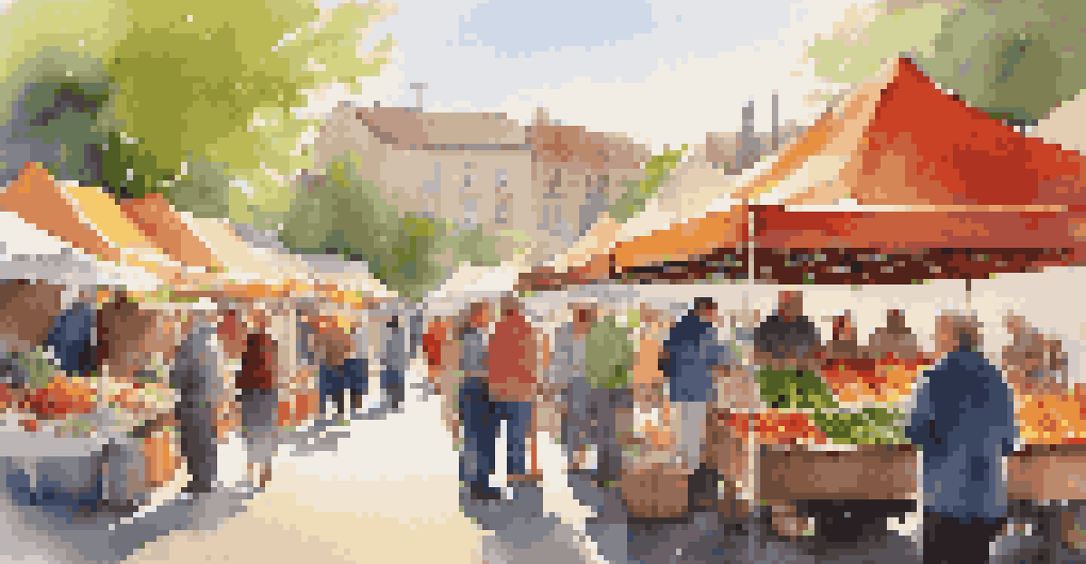 A lively outdoor farmer's market featuring colorful stalls with fresh produce and artisanal products, capturing the essence of community and affordable luxury.