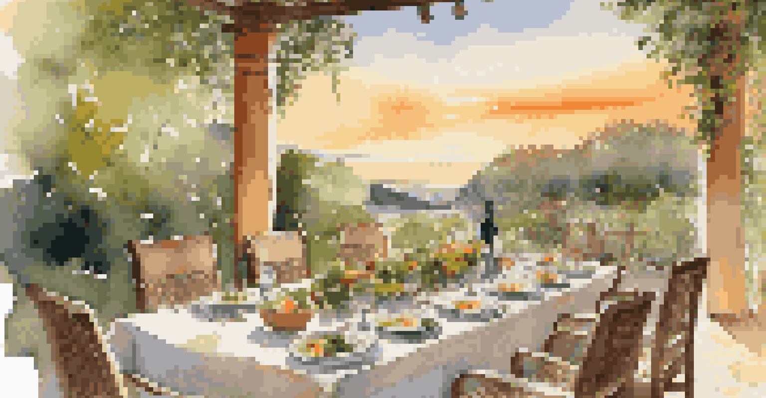 An outdoor dining table set with regional dishes, surrounded by greenery and illuminated by sunset light.