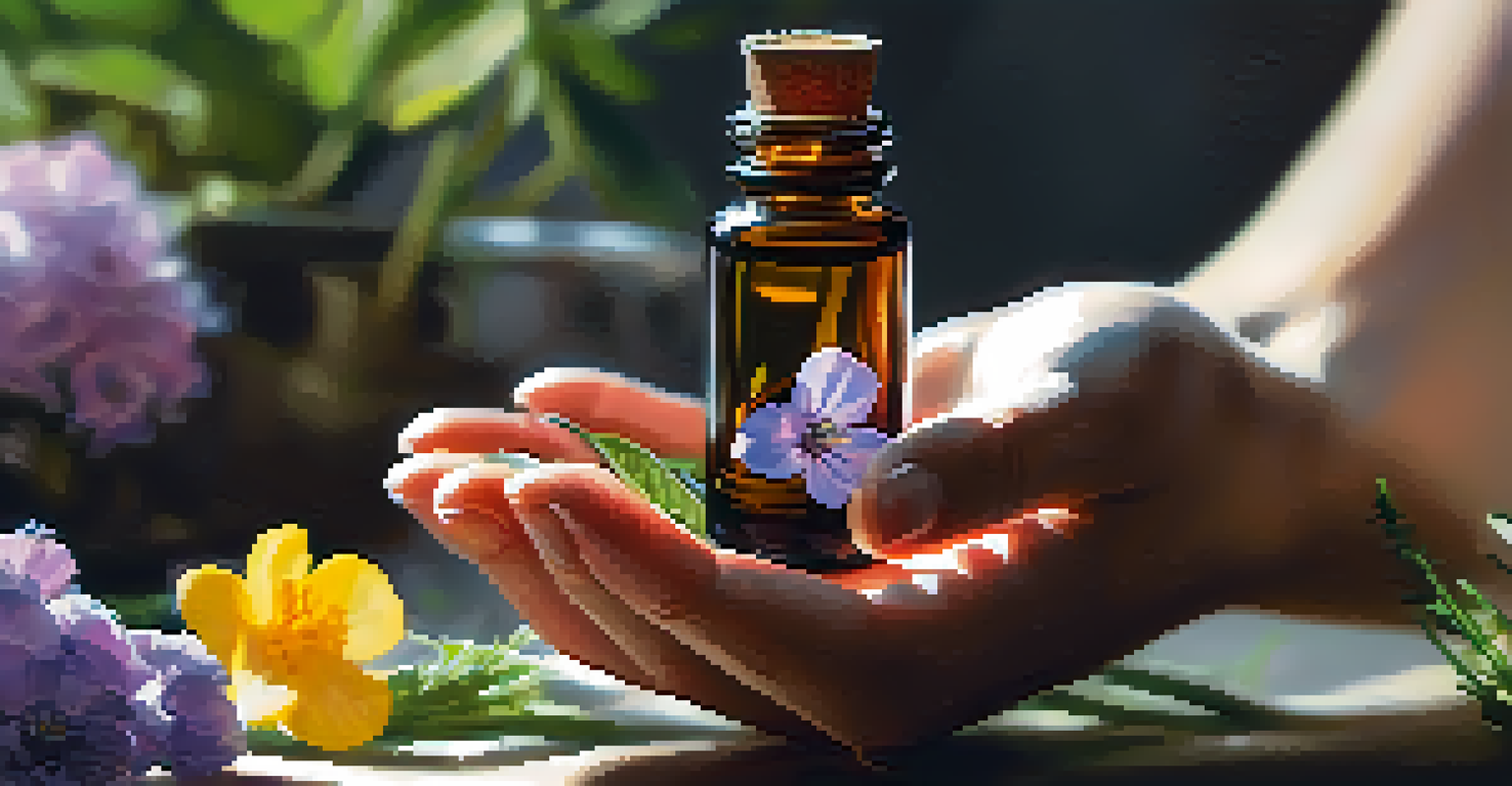 A close-up of an essential oil bottle held in a hand, surrounded by fresh herbs and flowers, illuminated by sunlight.