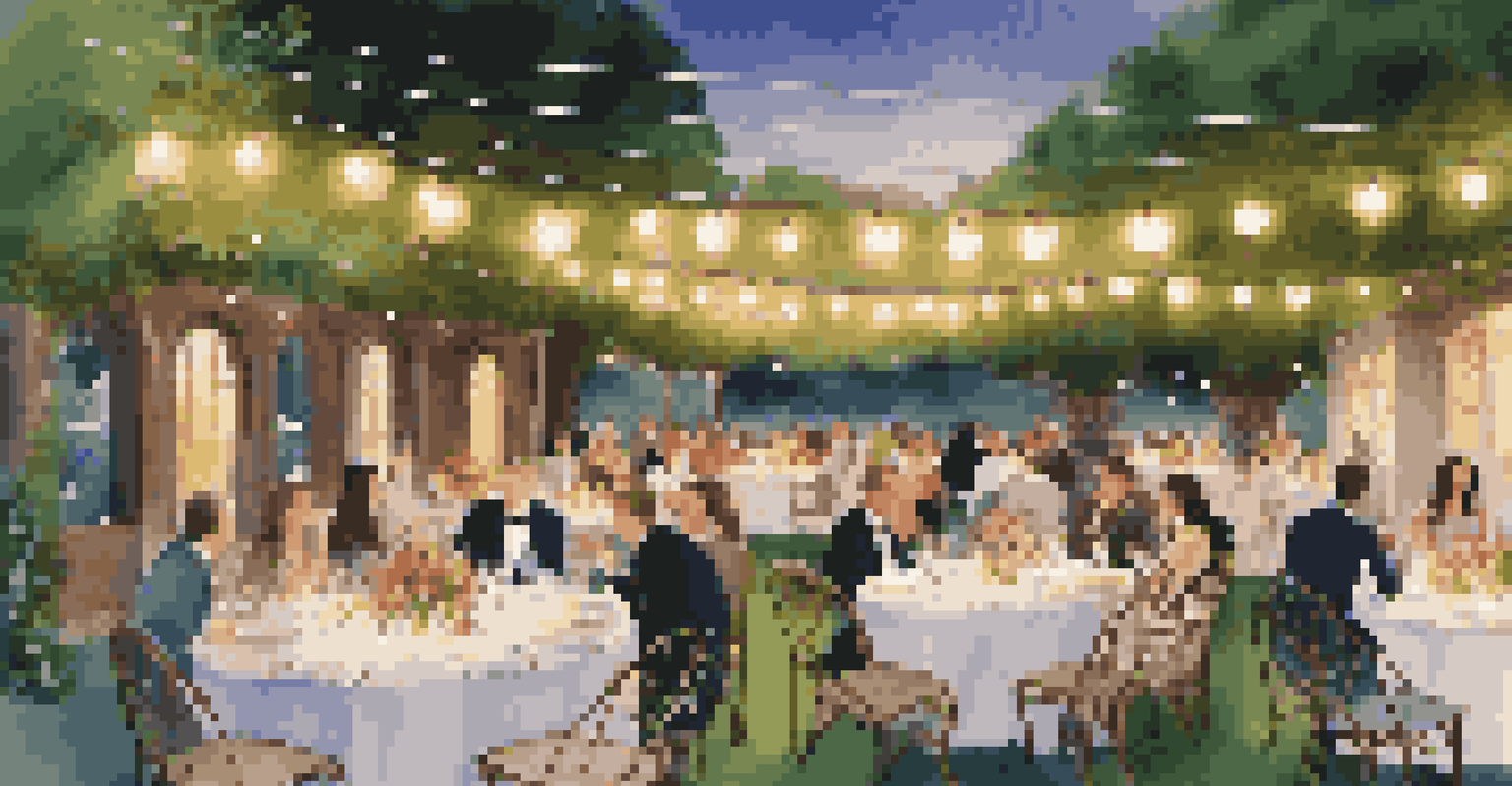 A garden event with tables set for dining, showcasing organic food amidst flowers and twinkling lights.