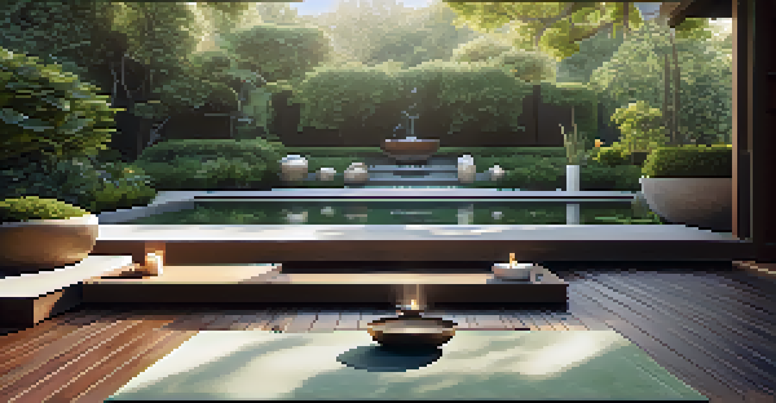 An outdoor wellness space with a yoga platform, lush greenery, and a tranquil water feature, illuminated by soft morning light.