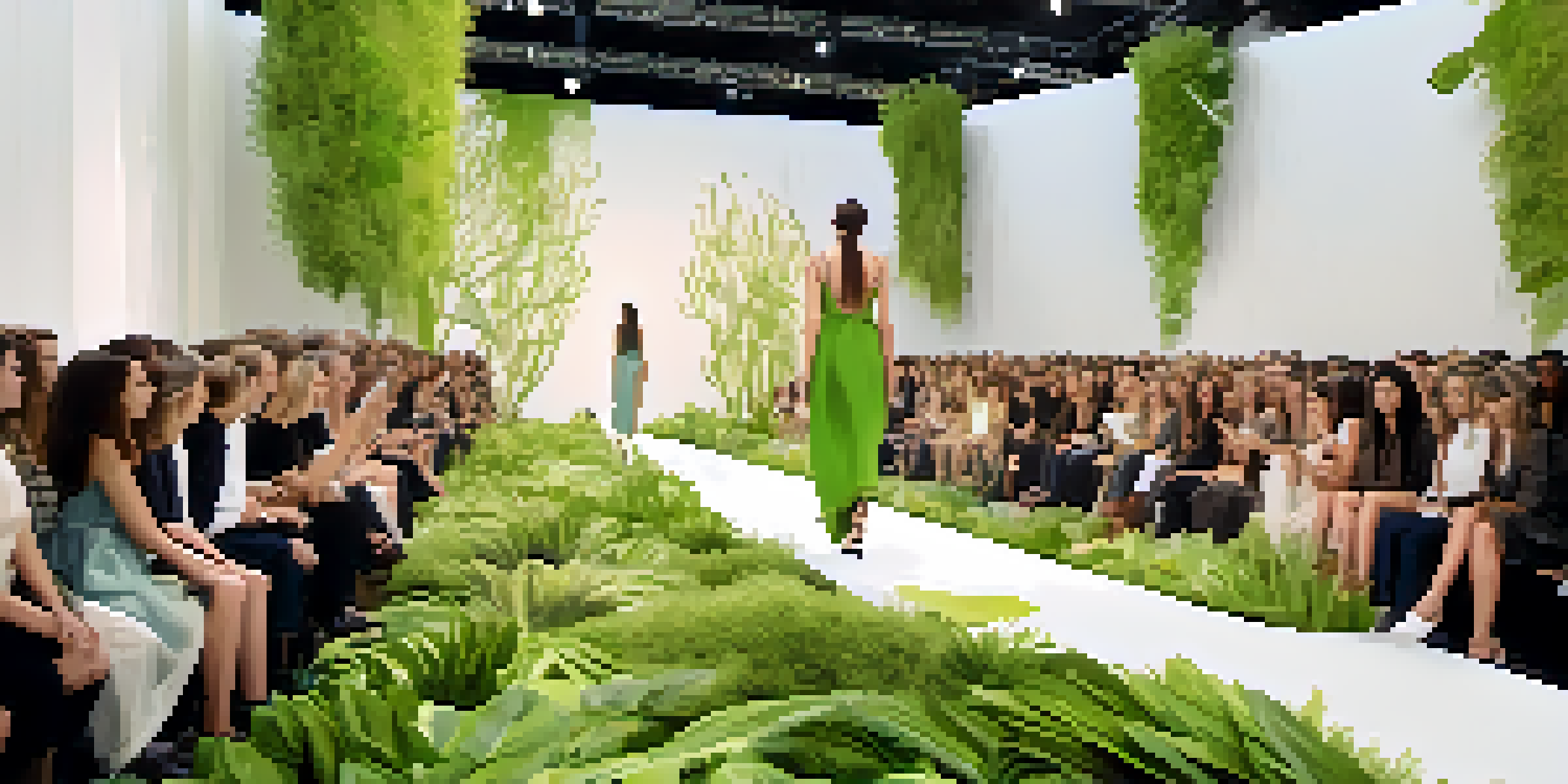 A colorful fashion runway featuring diverse models in sustainable luxury clothing, surrounded by greenery and soft lighting.