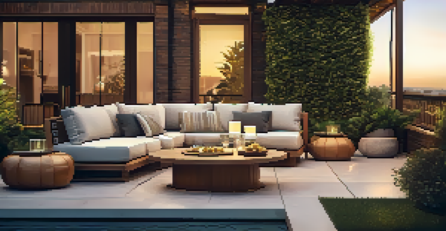 An outdoor patio with a wireless speaker, cozy seating, and beautiful sunset lighting, perfect for entertaining.