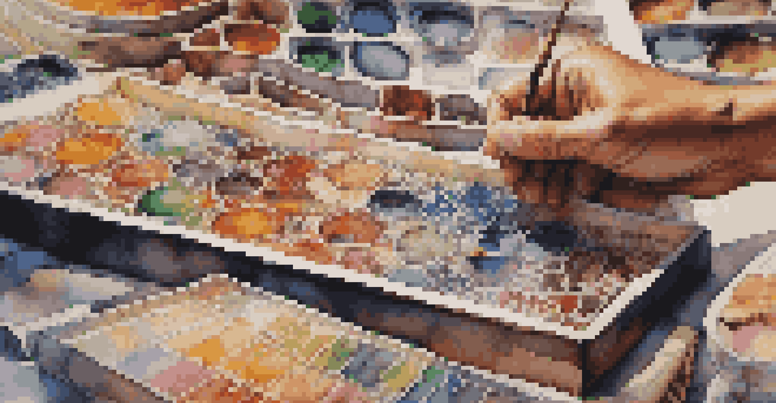 A hand selecting a colorful art piece in a bustling market, highlighting the intricate details of the artwork.