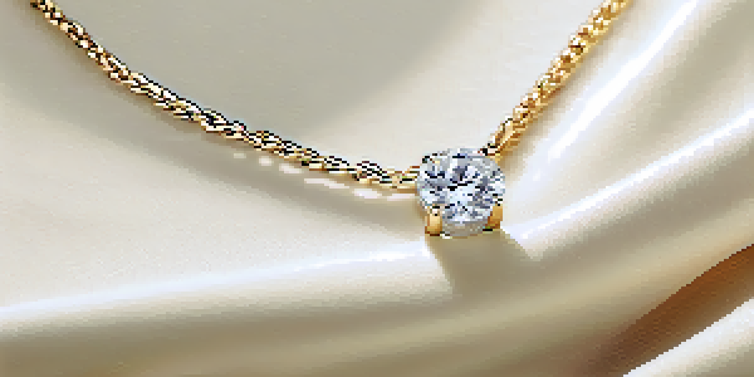 A close-up of a delicate gold necklace with a single diamond pendant on cream fabric.