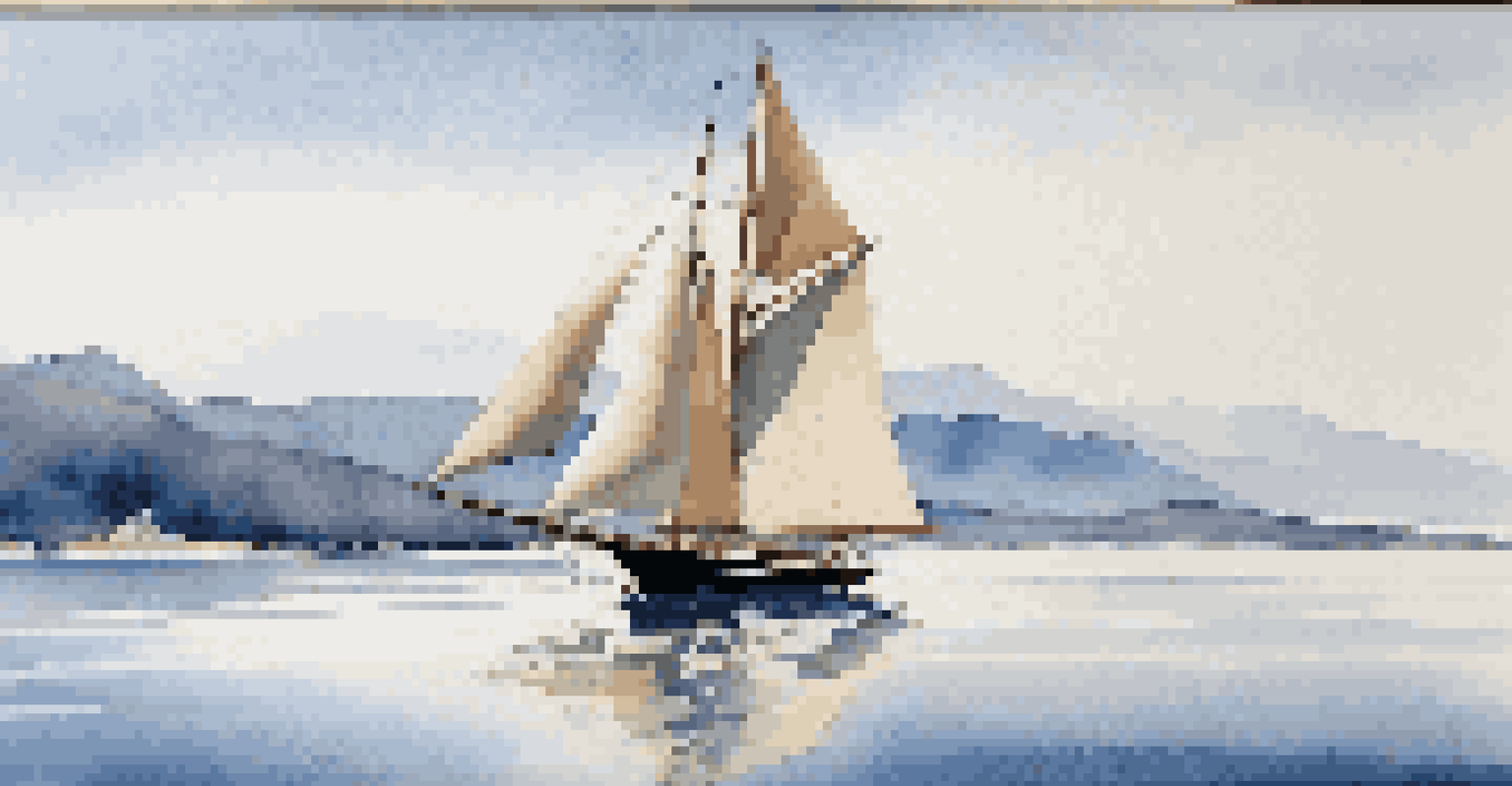A classic sailing yacht with teak wood and white sails sailing smoothly on blue waters, reflecting on the surface under a clear sky.