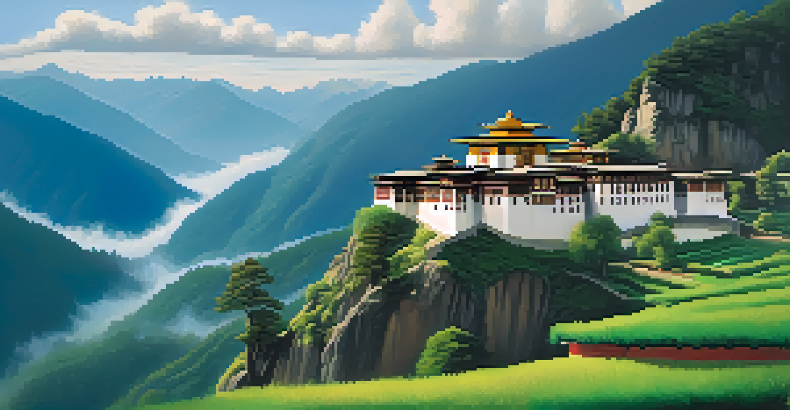 A picturesque scene of Bhutan's green hills and a hiking trail leading to a cliffside monastery, enveloped in mist.