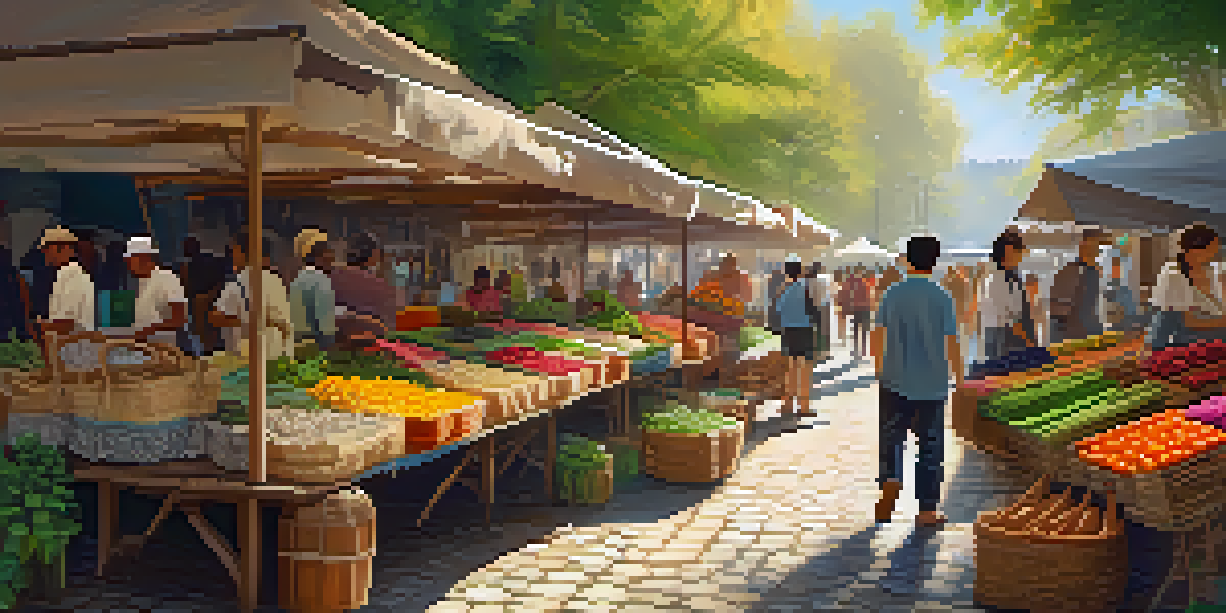 A lively artisan market with colorful stalls and diverse people exploring handcrafted goods under soft sunlight.