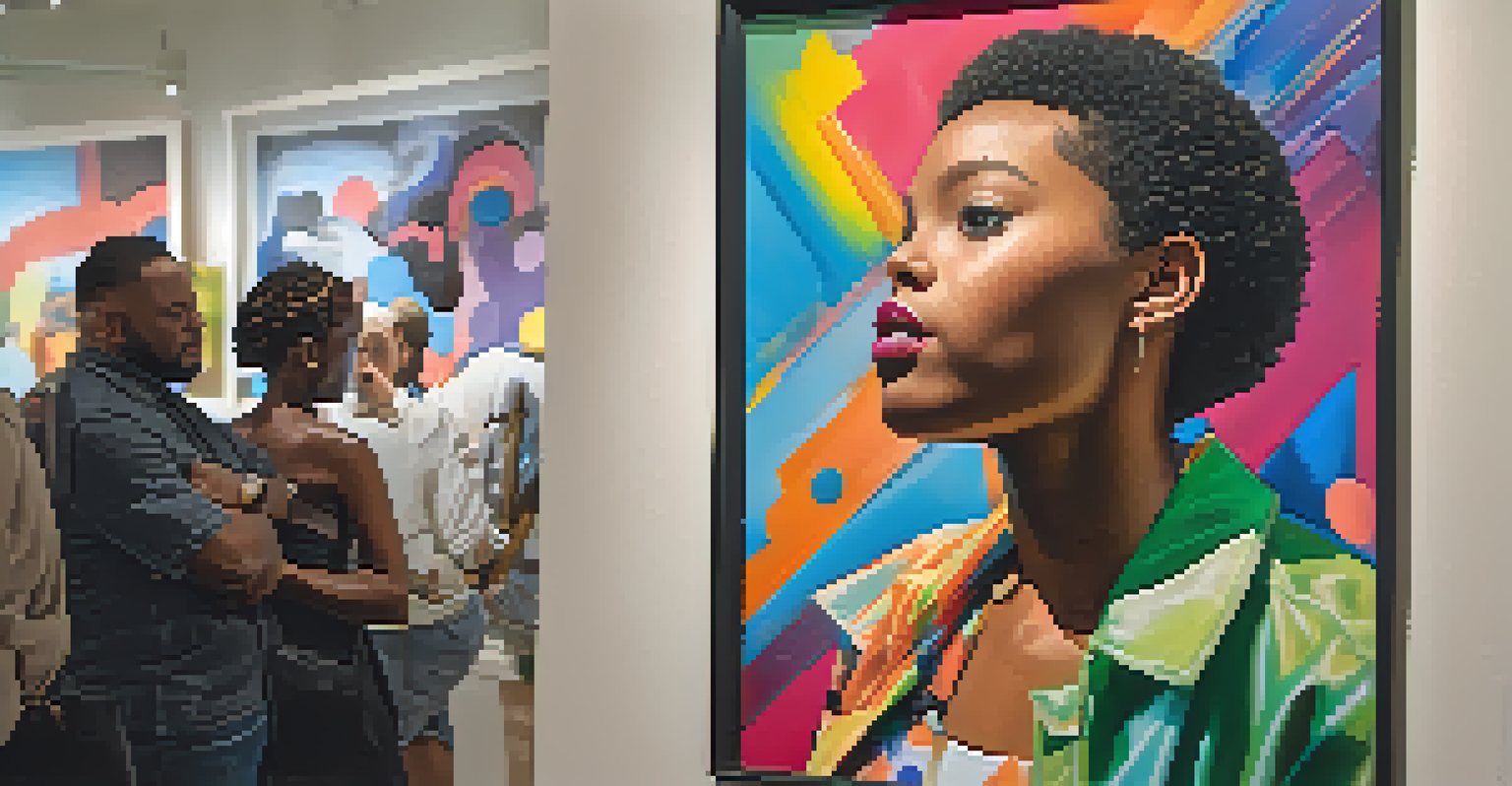 A close-up of a vibrant painting by a young Black artist in a gallery, with a celebrity collector discussing the artwork in the background.