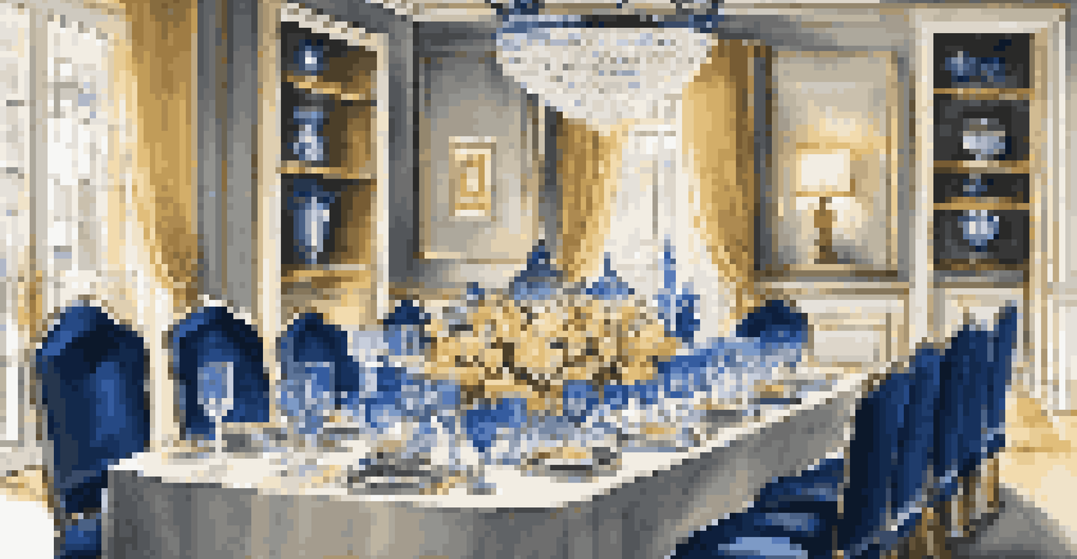 An elegant dining room set for a dinner party with a beautifully arranged table and candlelight ambiance.