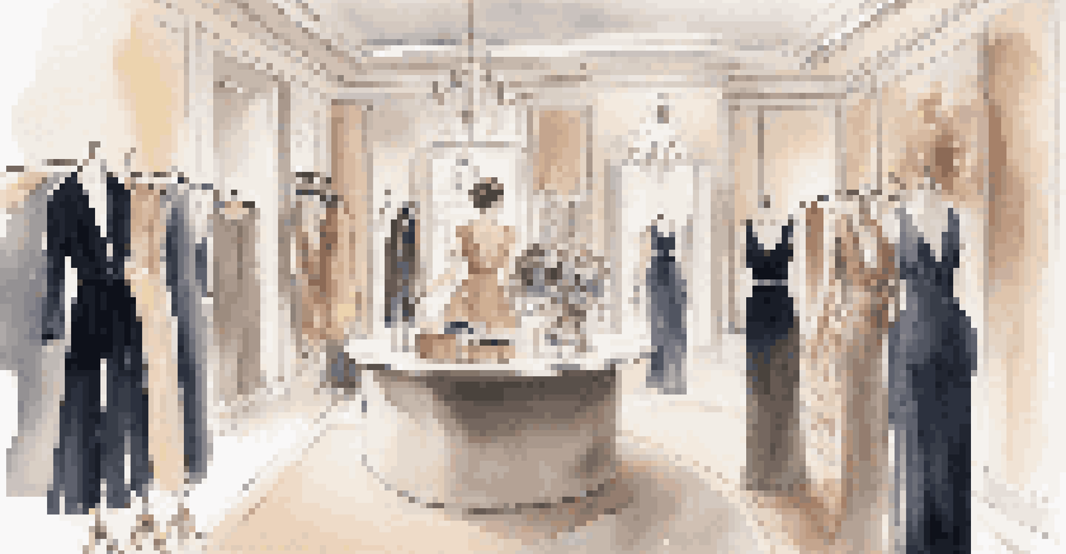 A fashion stylist curating outfits in a luxurious boutique, surrounded by high-end clothing and accessories.