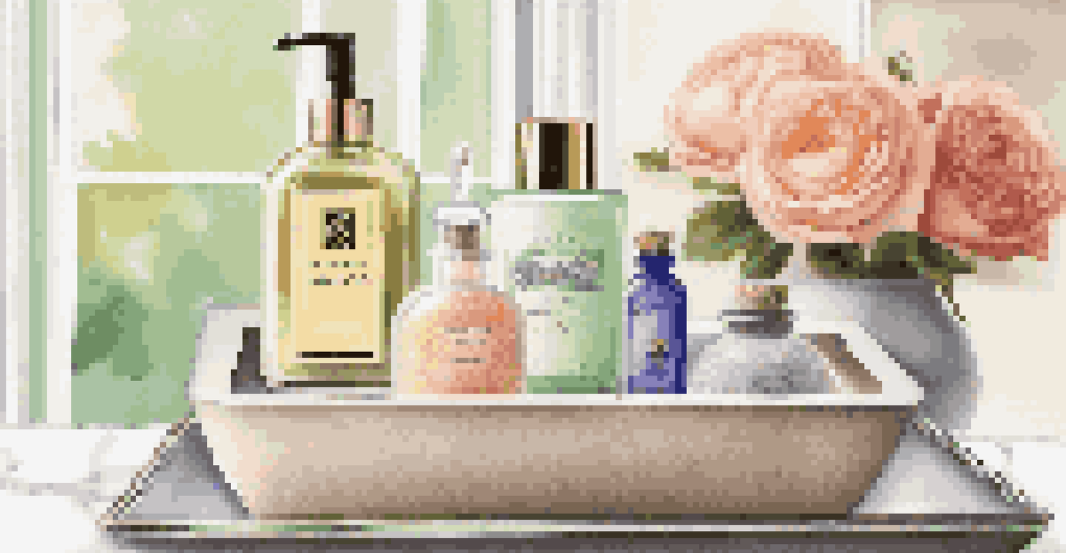 An artistic arrangement of luxurious bath products on a decorative tray, complemented by soft lighting and fresh flowers, creating a spa-like feel.