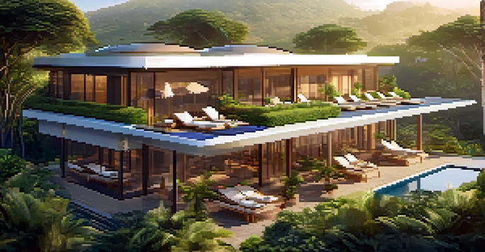 An eco-friendly luxury hotel with solar panels and an organic garden, set in a green landscape with warm sunlight.