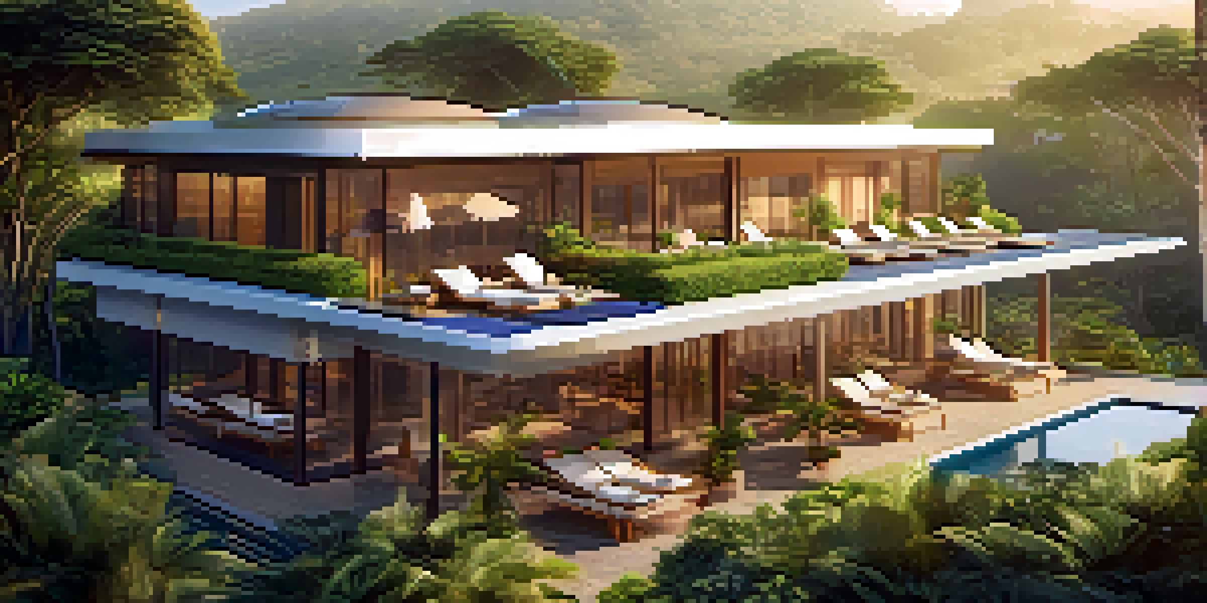 An eco-friendly luxury hotel with solar panels and an organic garden, set in a green landscape with warm sunlight.