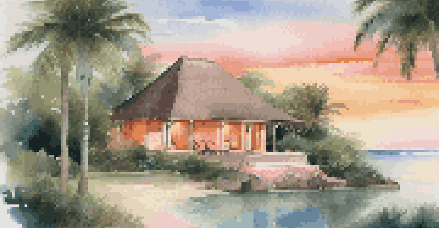 A private villa on a tropical island with a pool and sunset sky, surrounded by palm trees.