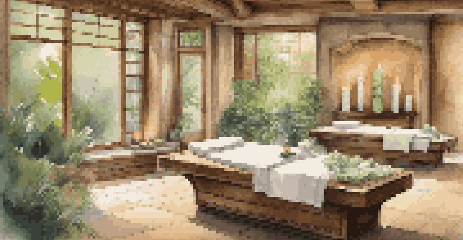 An elegant spa room with ambient lighting, plush massage tables, and candles, overlooking a tranquil outdoor garden with greenery and a waterfall.