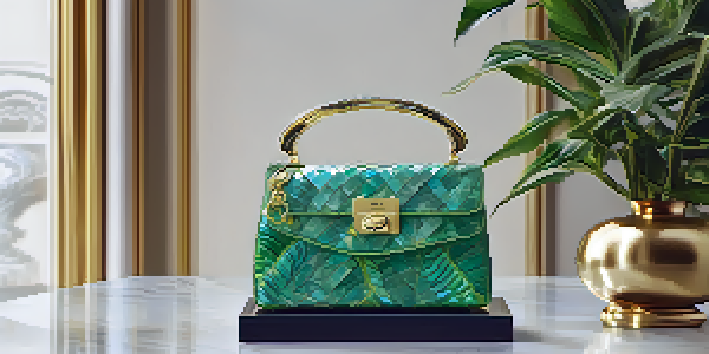 A luxurious handbag made from recycled ocean plastics, elegantly displayed on a marble pedestal with sunlight casting soft shadows.