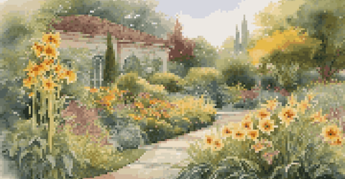 A beautiful outdoor garden with a variety of plants including tall sunflowers, medium-height daylilies, and colorful ground cover, illuminated by golden sunlight.