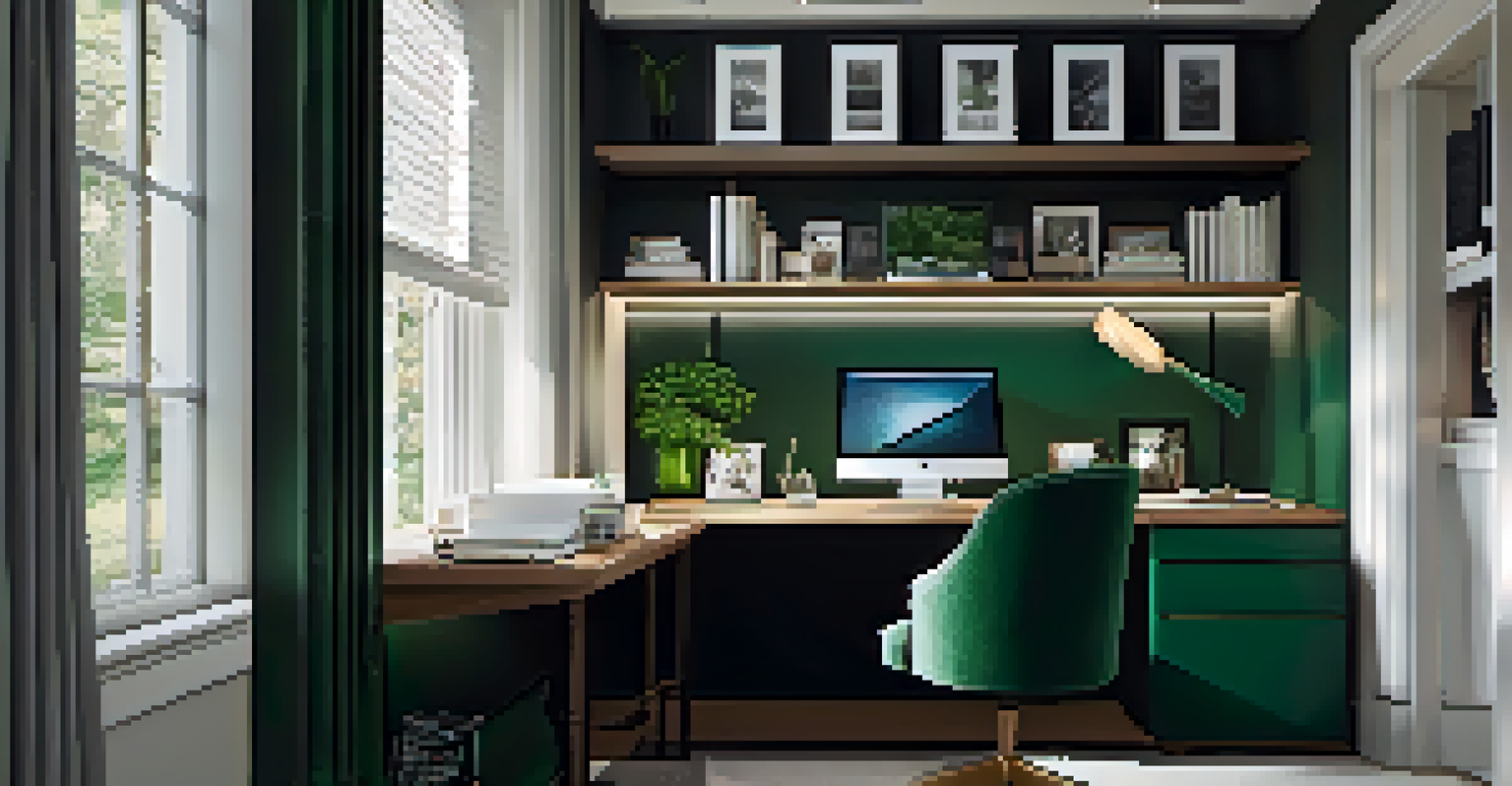 An elegant small home office layout with a desk area, reading nook, and organized storage, featuring light gray and emerald green colors with warm lighting.