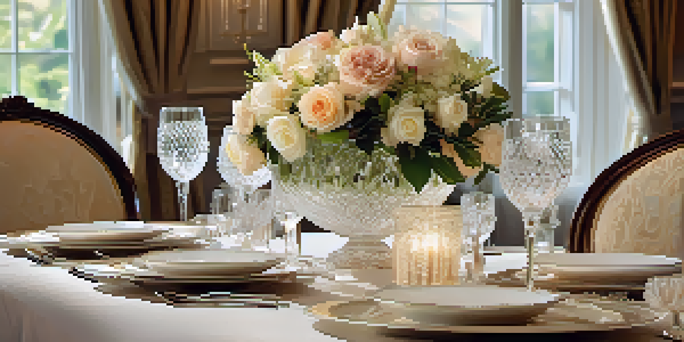 A beautifully arranged dining table with elegant dinnerware and floral decorations under soft lighting.