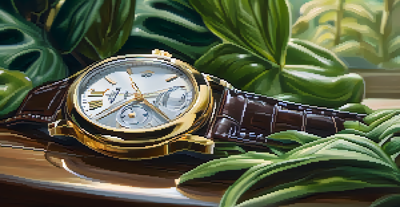 A close-up of a luxury watch on a wooden table with lush greenery in the background.