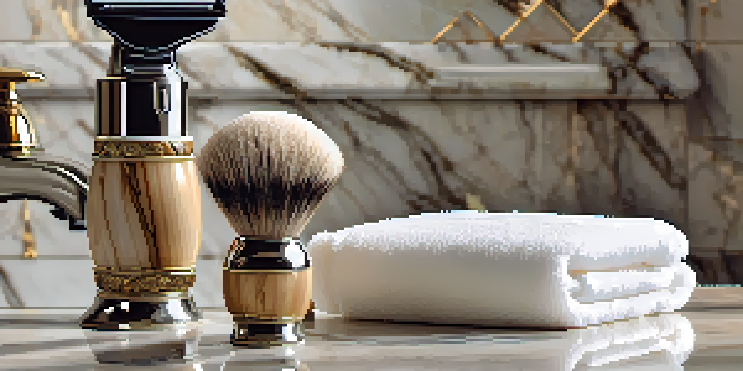 A luxurious shaving setup featuring an ornate razor, a jar of shaving cream, and a plush towel on a marbled countertop, illuminated by warm lighting.
