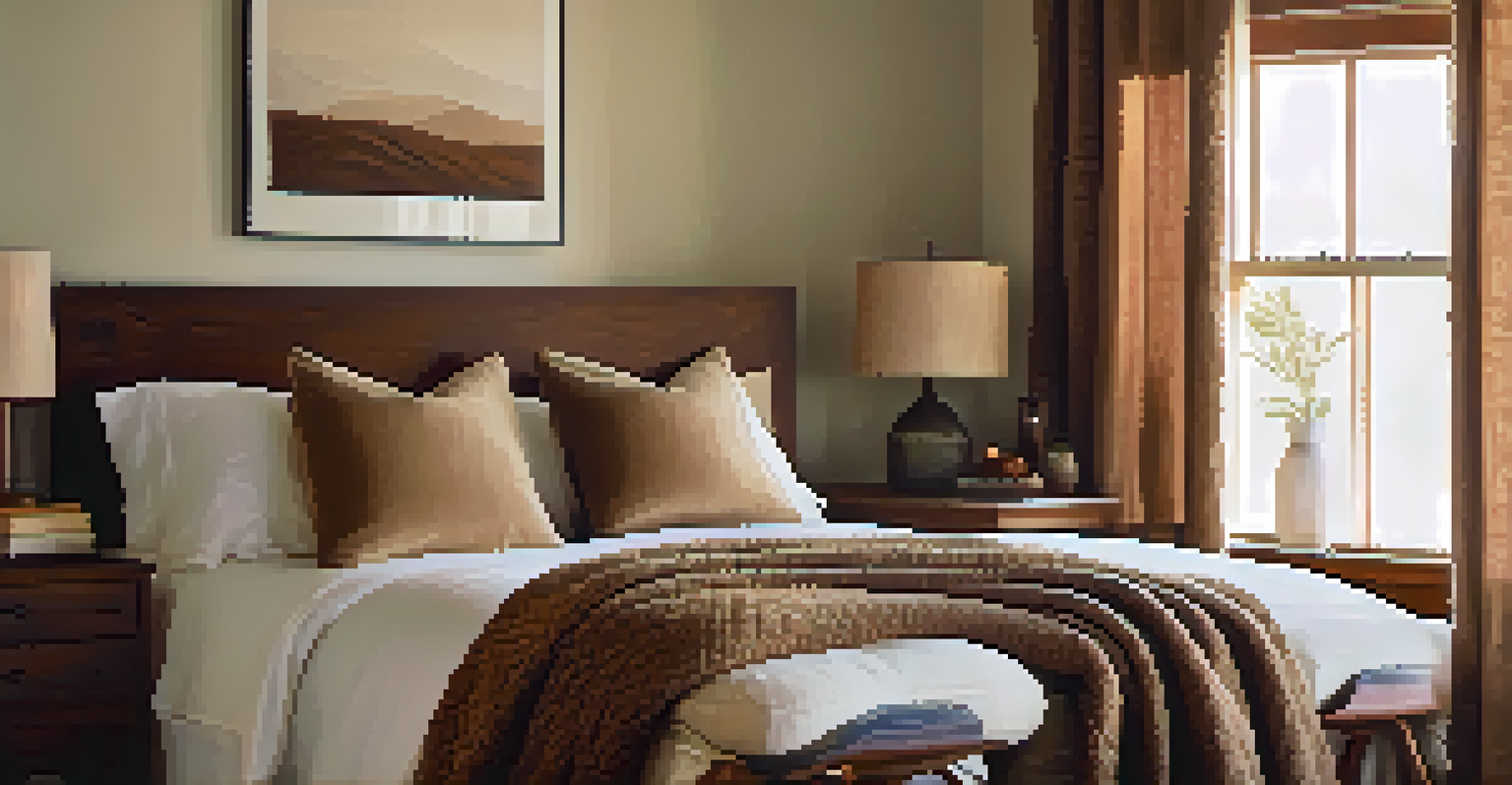 A luxurious bedroom with a velvet pillow bed, warm lighting, woven basket, and earthy tones.
