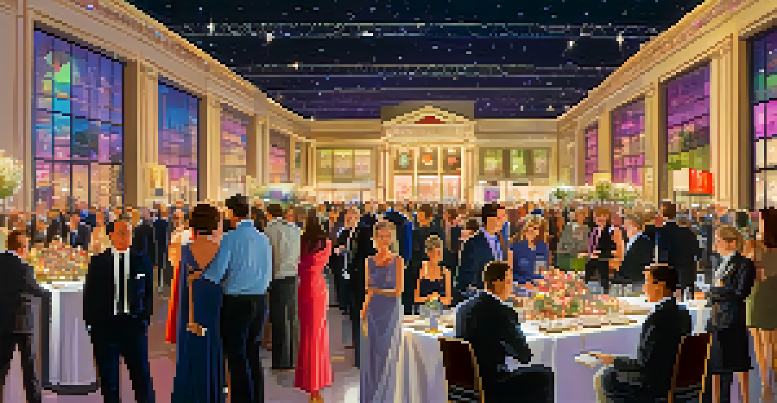 An elegant charity auction with guests bidding on art pieces and luxury items under fairy lights.