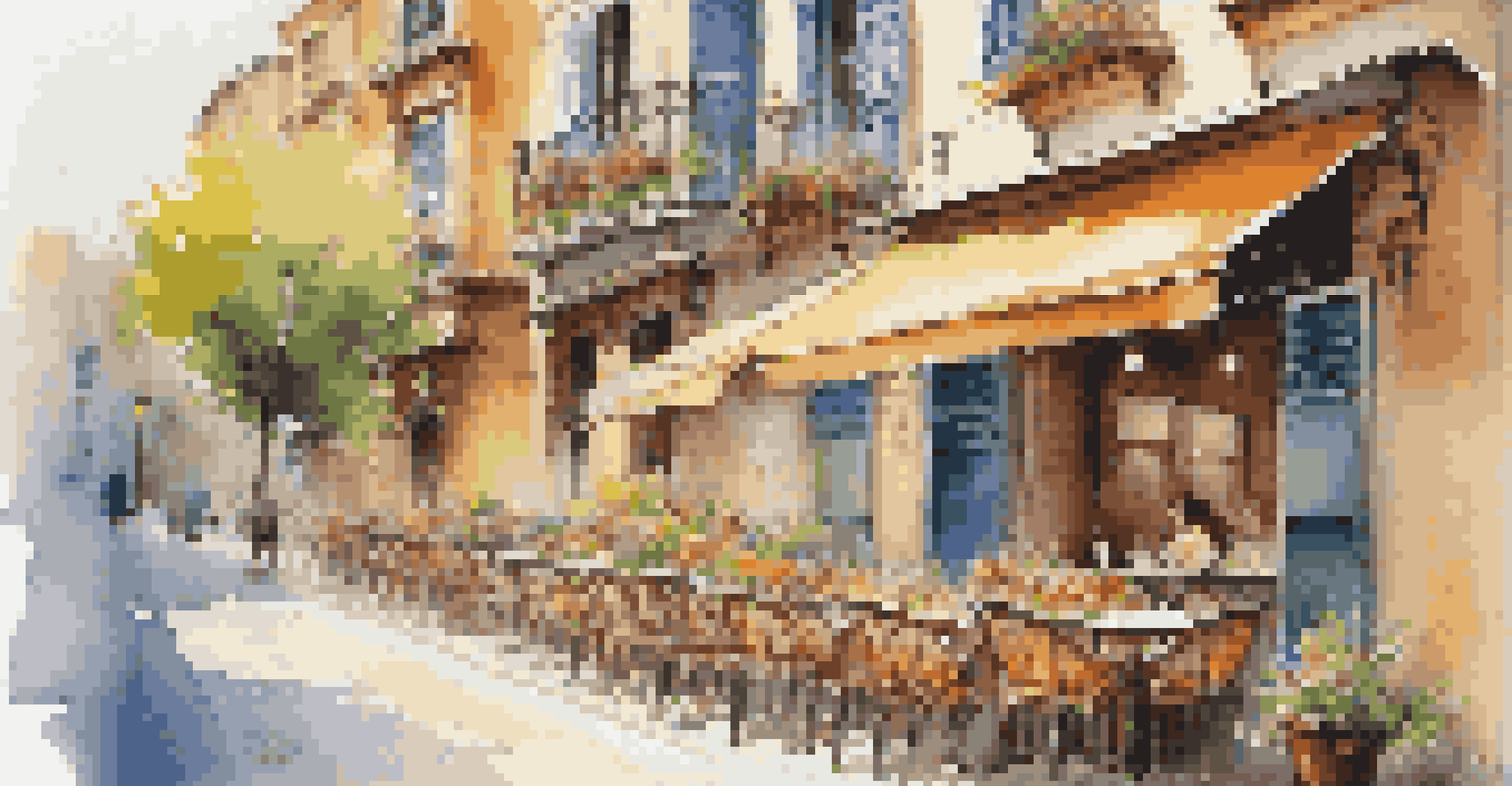 A cozy café terrace with flowers and wooden furniture, where a traveler enjoys coffee while reading a book amidst charming buildings.