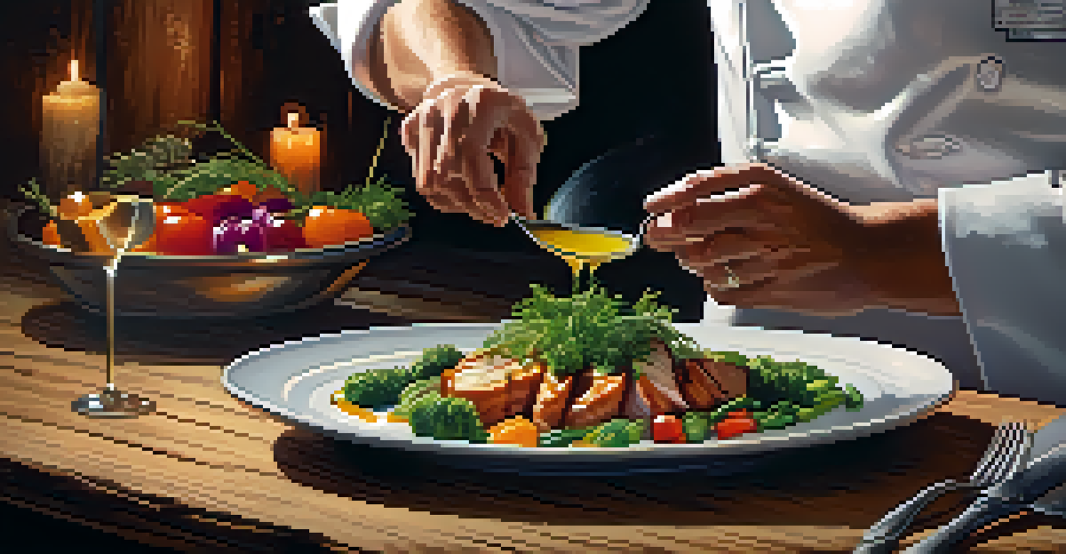 A chef plating a vibrant dish with a glass of wine beside them, set in a rustic kitchen.