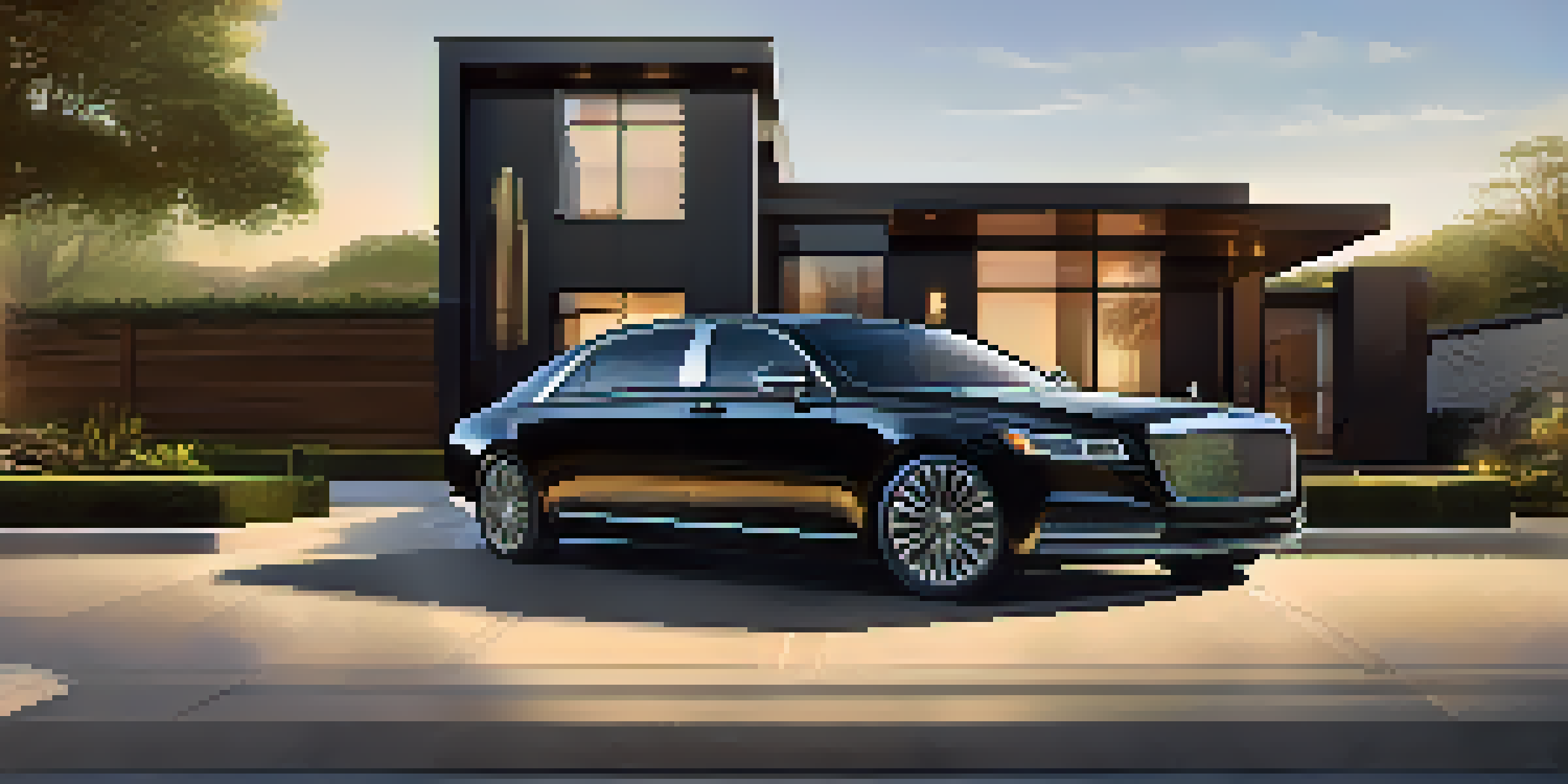 A luxurious black sedan parked in front of a modern home at sunset, reflecting warm golden light.