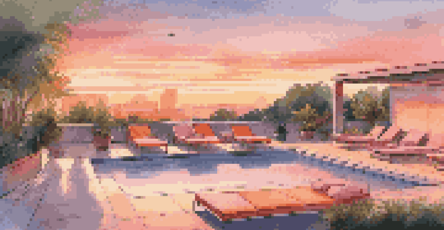 Rooftop pool area of a luxury gym during sunset with lounge chairs.