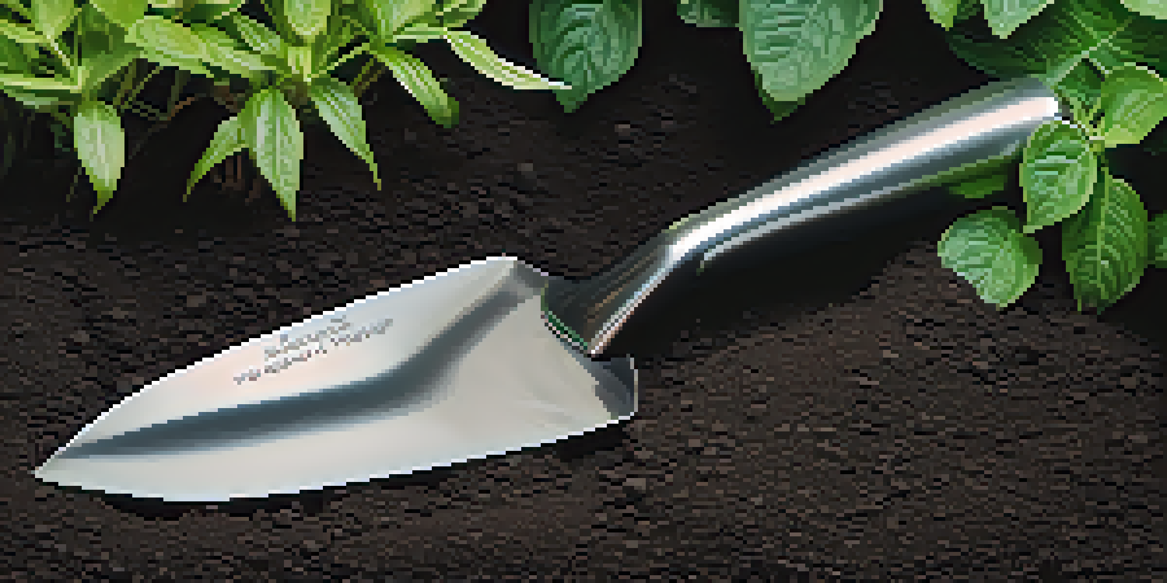 A close-up of a stainless steel garden trowel on dark soil with green plants in the background.