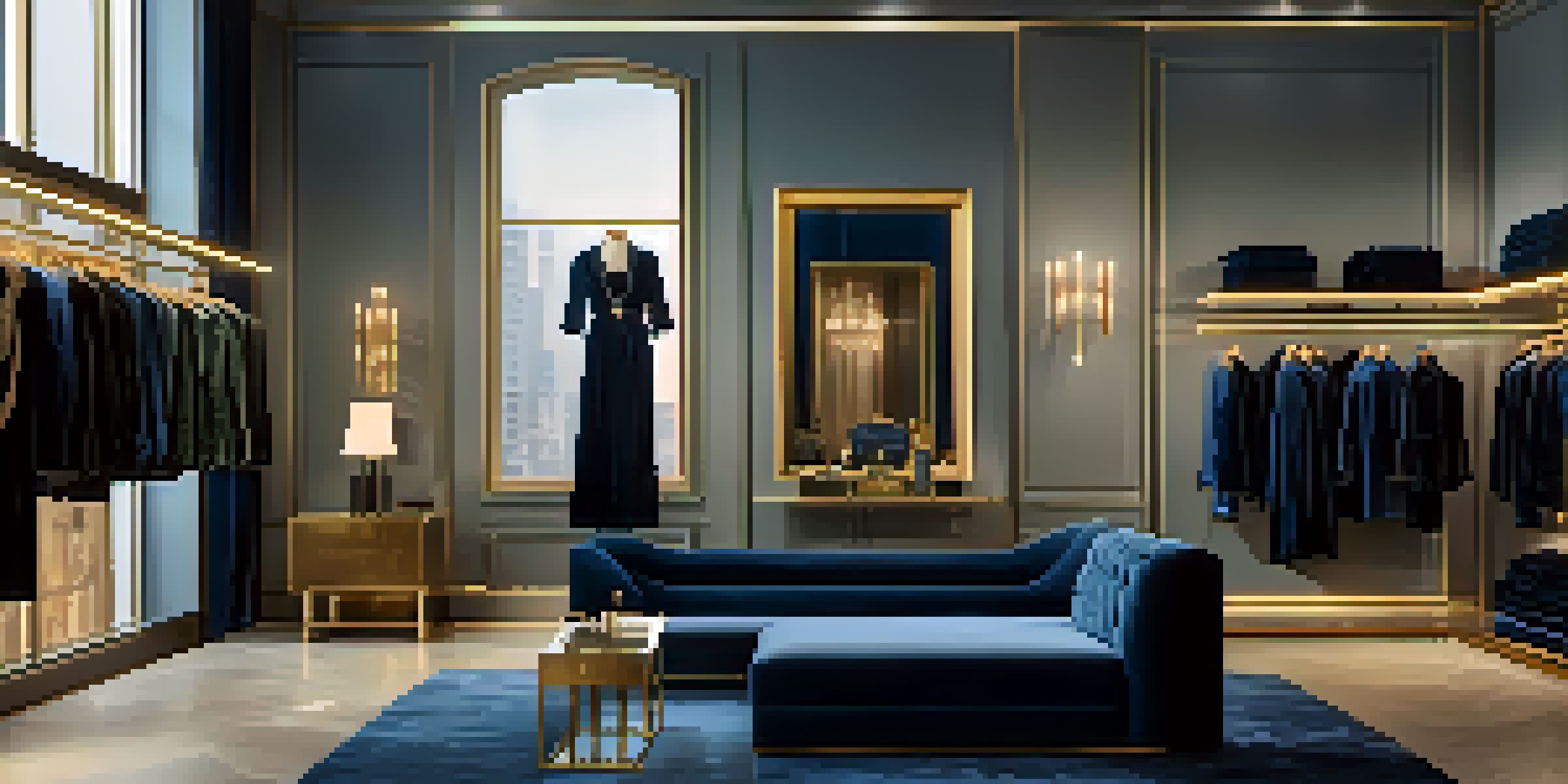 A luxurious boutique interior with high-end fashion items, warm lighting, and rich textures.