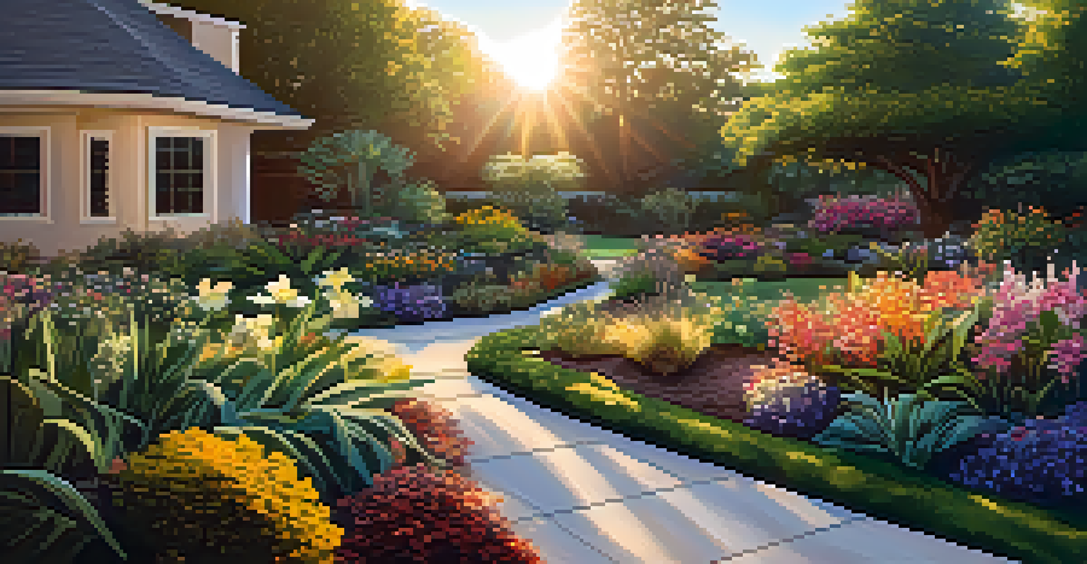 A luxury garden with colorful flowers and lush greenery, layered with wood chip mulch, illuminated by golden hour sunlight, creating a tranquil and upscale ambiance.