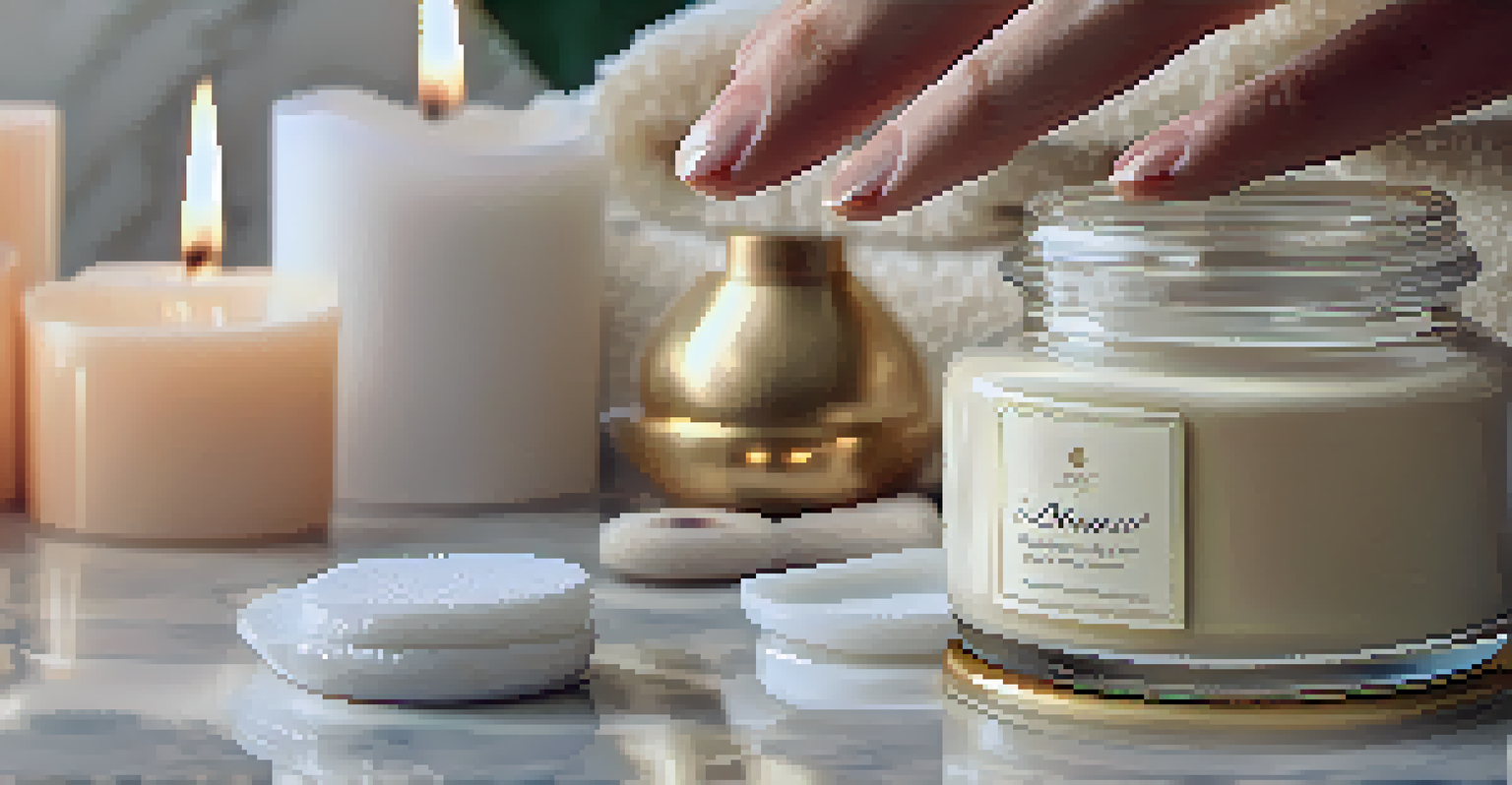 A close-up of a hand applying luxurious cream from an embossed jar on a marble surface.