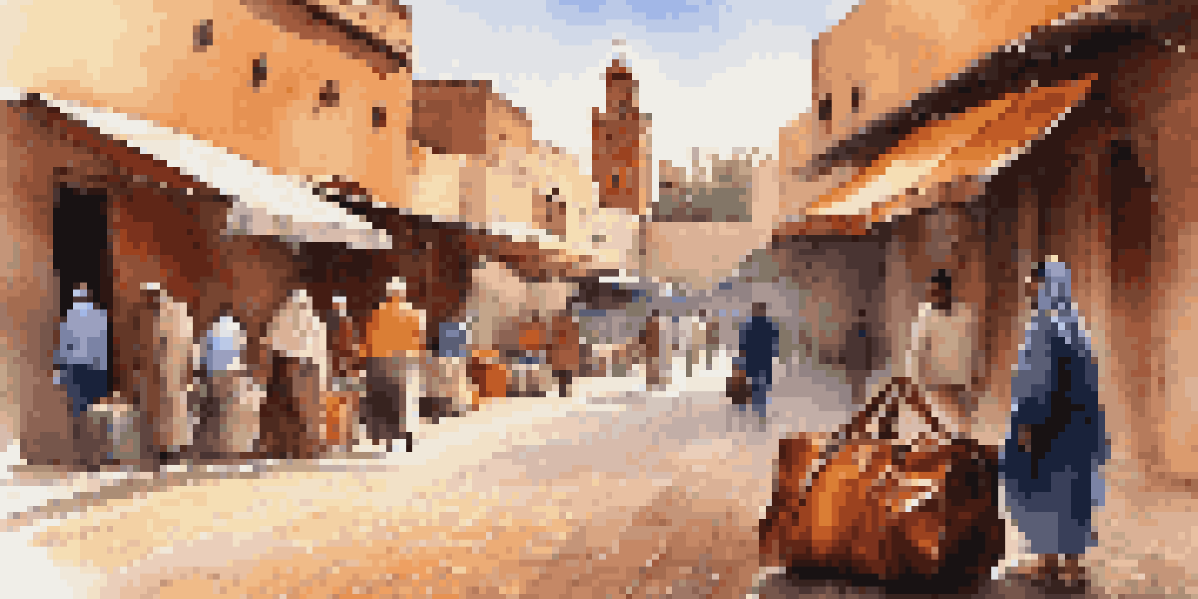 A leather duffel bag on a cobblestone street in Marrakech, surrounded by colorful market stalls and warm sunlight.
