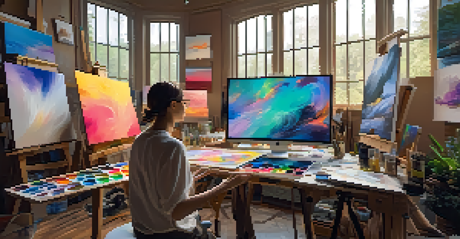 An artist's studio with colorful canvases, digital screens, and an artist creating an NFT artwork.