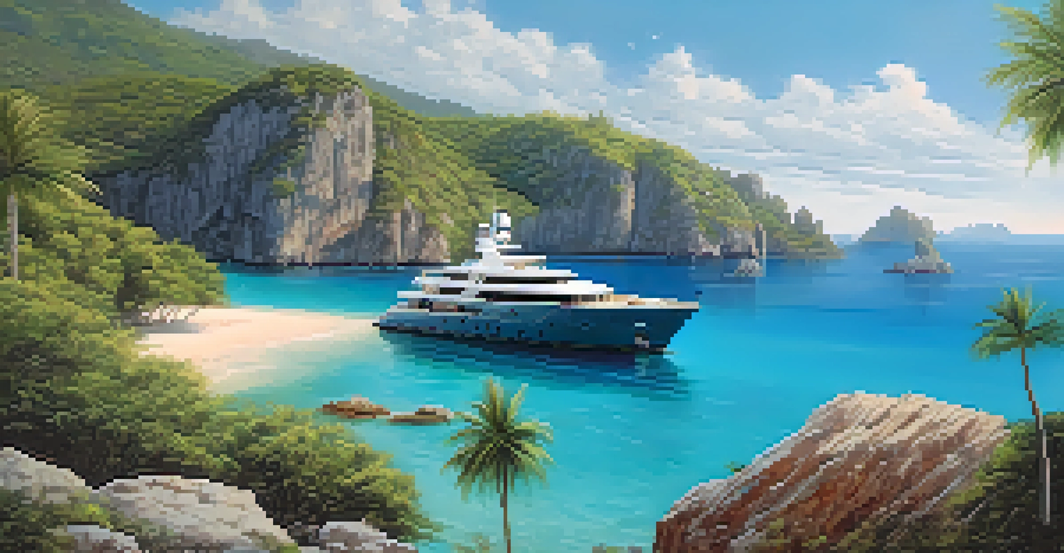 A luxury yacht anchored in a beautiful cove with turquoise waters and palm trees.