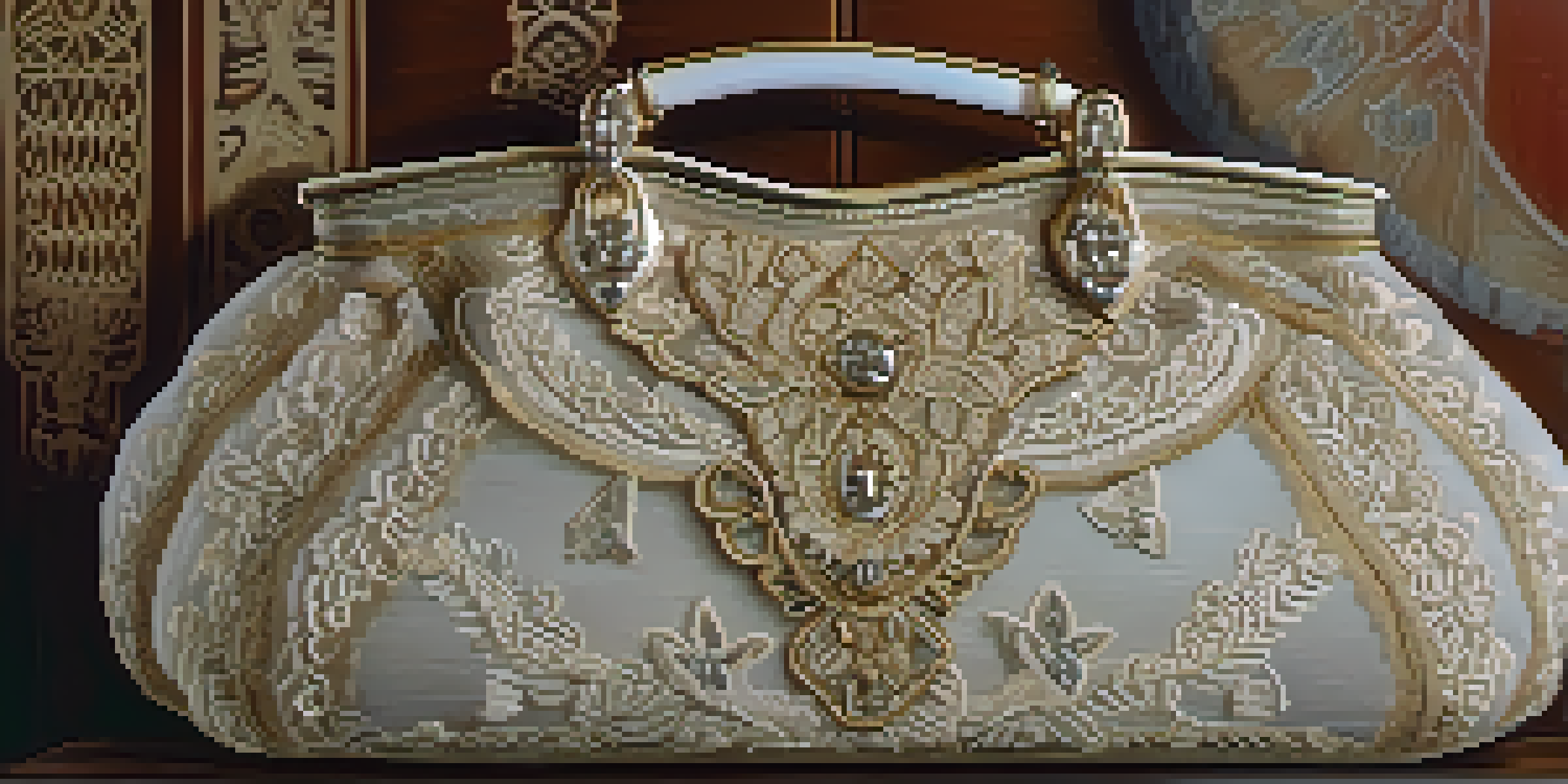 A luxury handbag with intricate embroidery on a wooden table, illuminated by soft lighting.