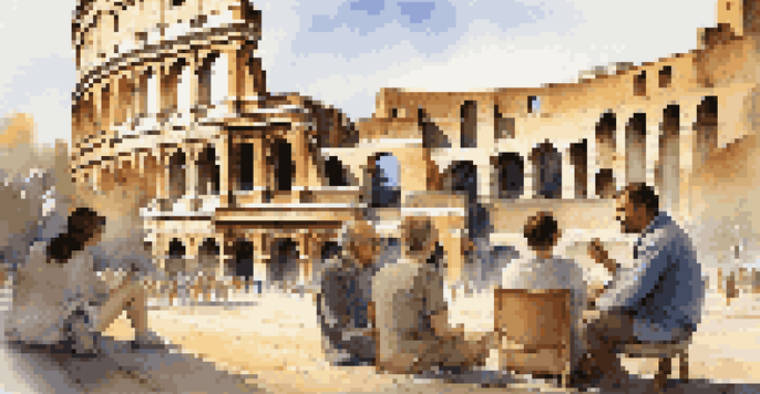 A tour guide sharing stories of ancient Rome at the Colosseum with interested travelers.