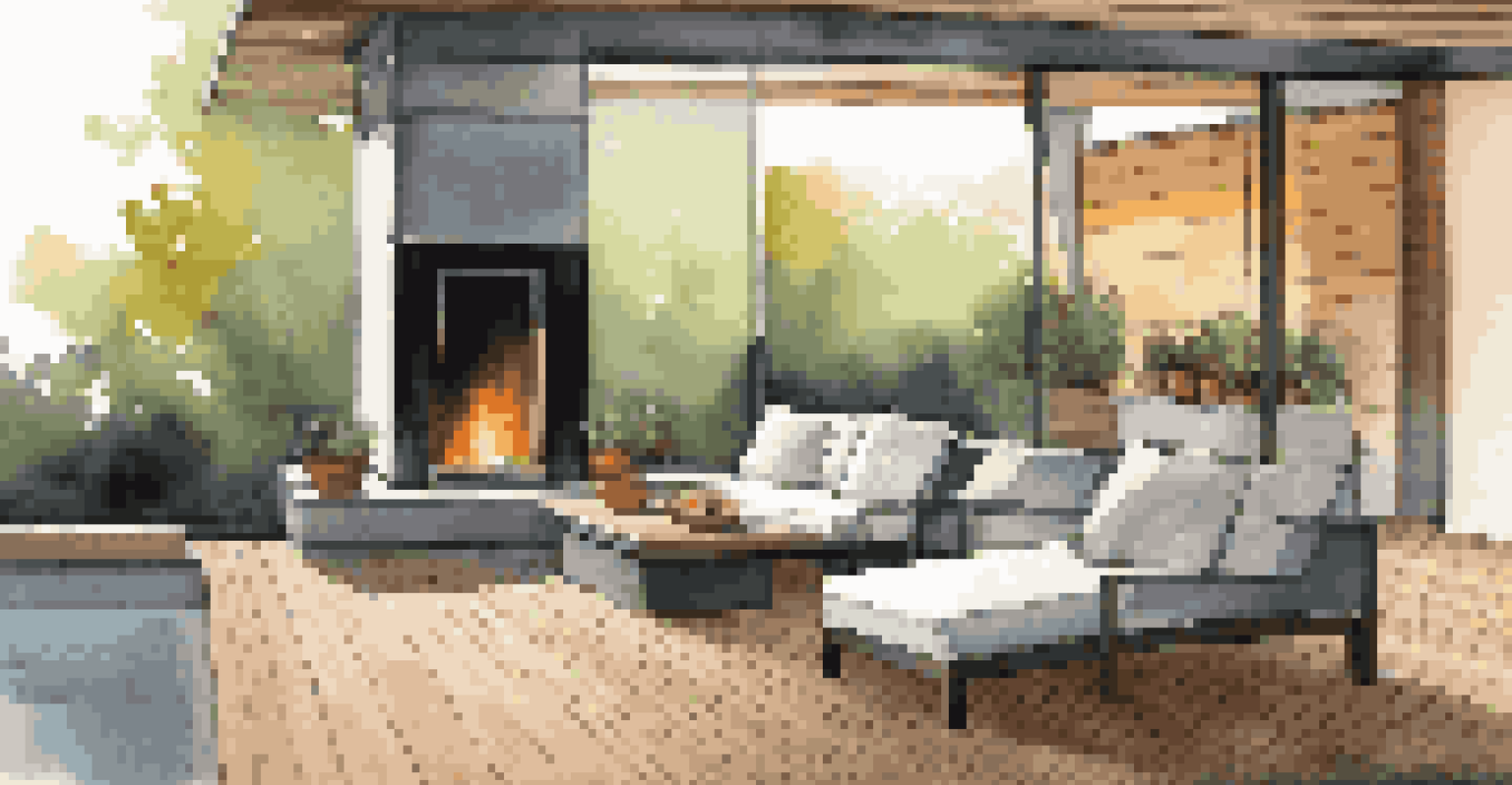 A modern gas fireplace on a wooden deck, surrounded by minimalist furniture and illuminated by soft outdoor lighting.
